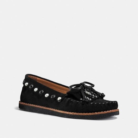 Coach Black Suede Shearling Bed Beaded Pearl Roccasin Slip On Moccasins 6.5 - Picture 1 of 12